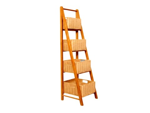 Pine Wood Frame Pro 4-Tier Ladder Shelf with Standard Woven Paper Cord Baskets